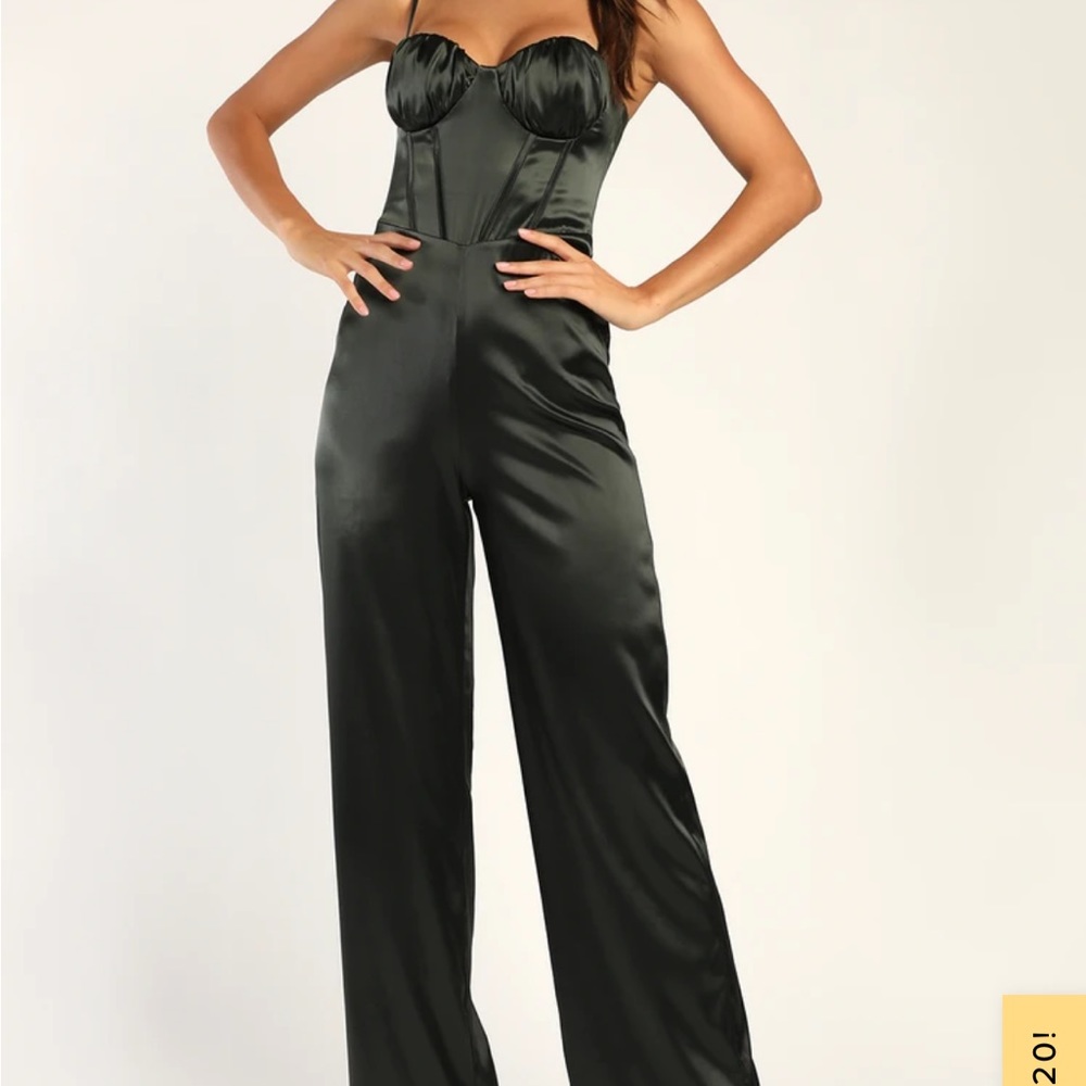 Lulu’s Flirty Agenda Dark Green Satin Bustier
Wide-Leg Jumpsuit